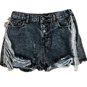 NWT Savanna Jane Rhinestone Black Denim Shorts High Waist Small Frayed Festival
